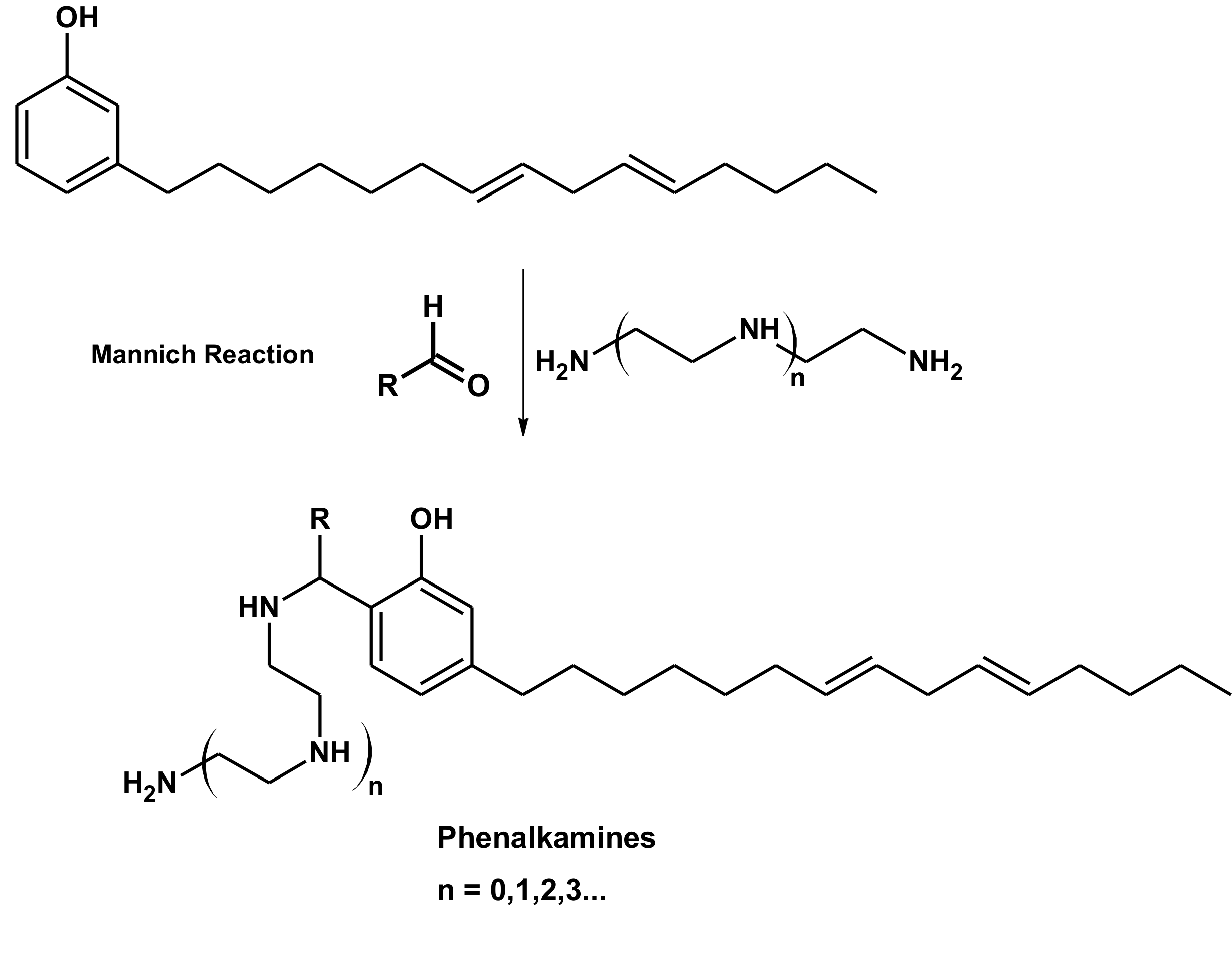 Cardanol structure before mannich reaction and phenalkamine structure after mannich reaction.